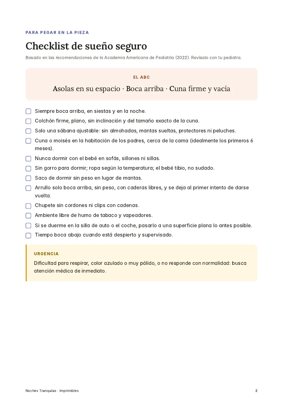 Hoja imprimible: checklist de sueño seguro